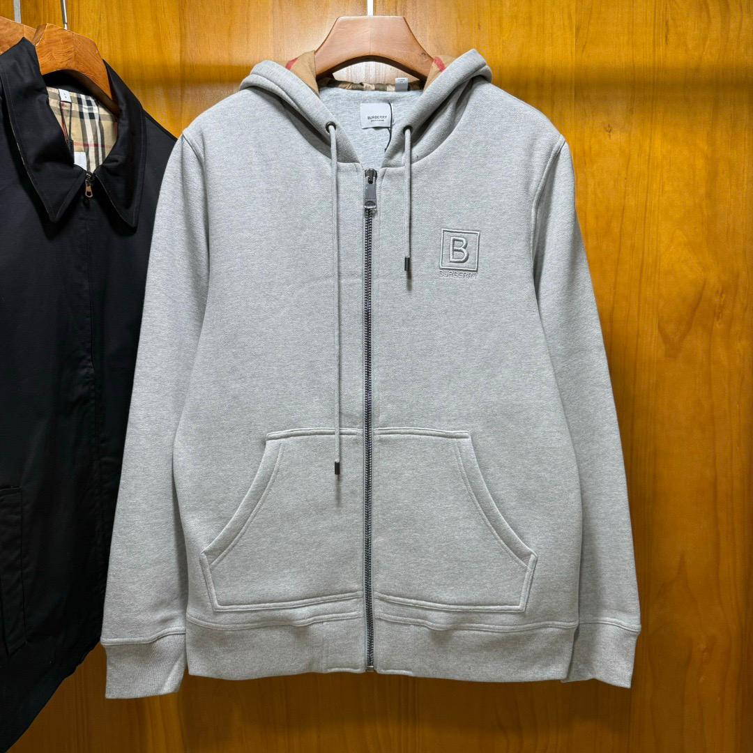 Burberry Men Letter Graphic Cotton Blend Zip Hoodie Pale Grey Melange