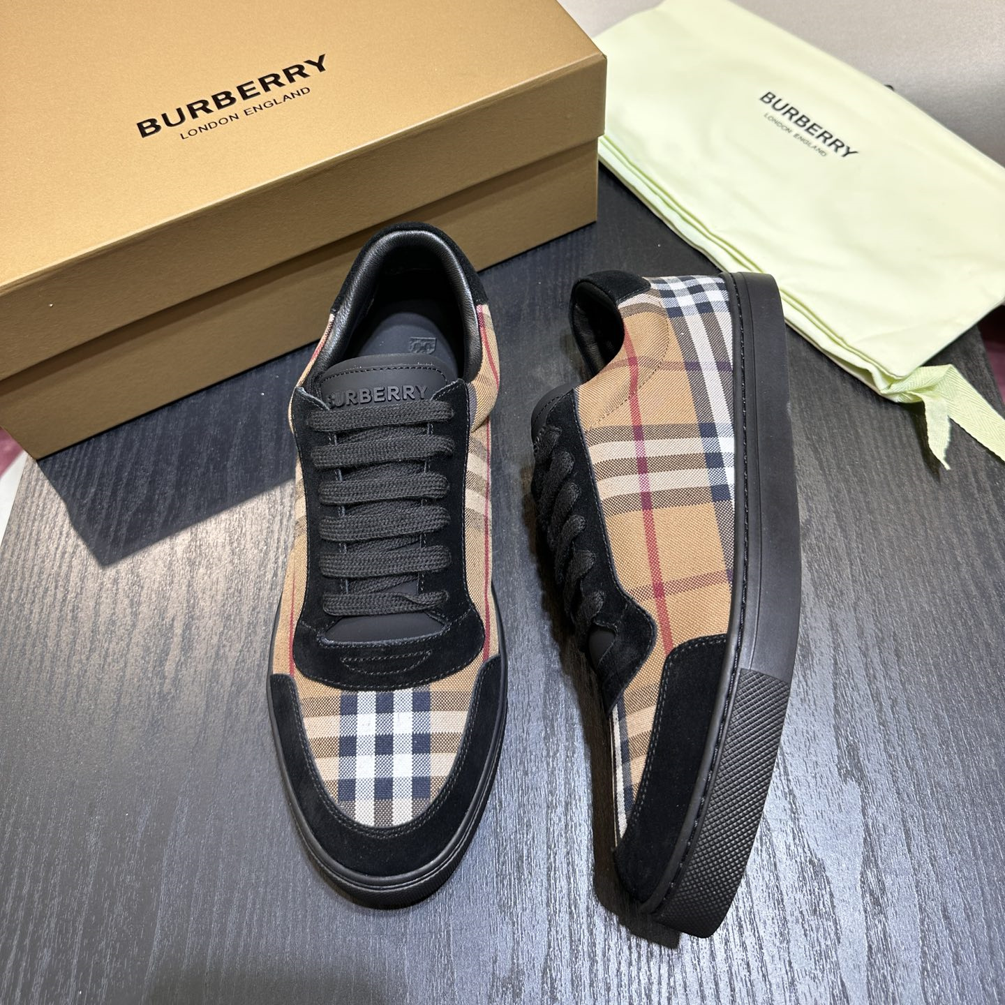 Burberry Vintage Check Cotton and Suede Sneakers Birch Brown Black
